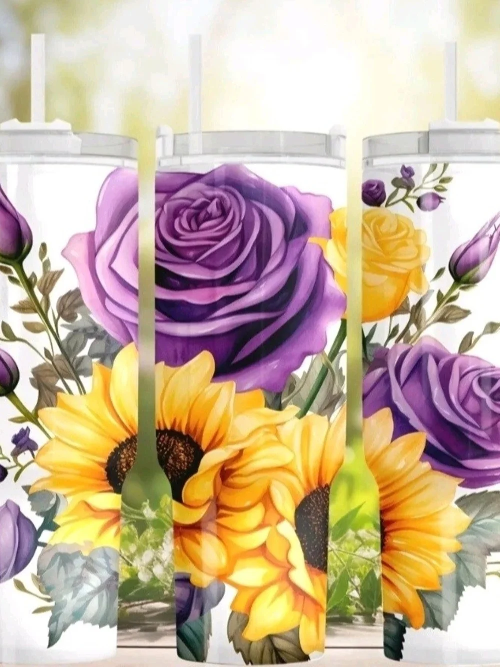 Purple Roses & Sunflowers 40 Oz Stainless Steel Insulated Tumbler On White Base